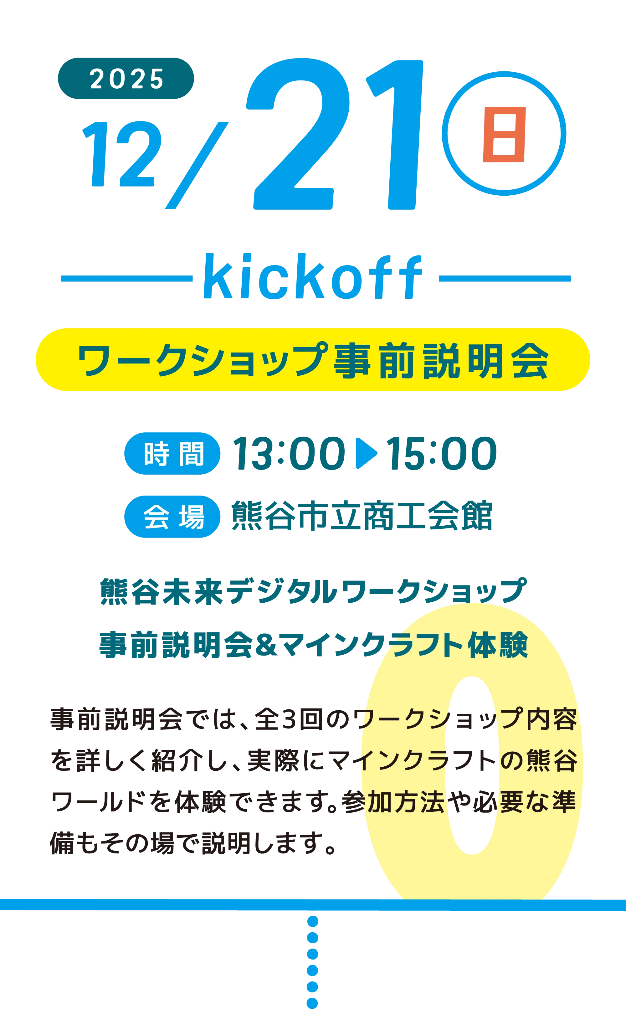 2025年12月21日(日)開催のキックオフイベント告知。ワークショップ事前説明会。時間は13時から15時、会場は熊谷市立商工会館。熊谷未来デジタルワークショップの事前説明会とマインクラフト体験を実施。全3回のワークショップ内容紹介と参加方法・必要な準備を説明。
